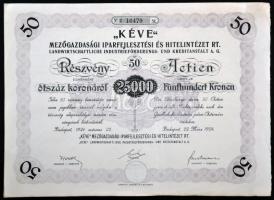 Budapest 1924. "KÉVE Mezőgazdasági Iparfejlesztési és Hitelintézet Rt." 25 + 50 részvénye ...