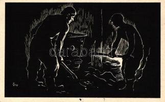 10 db RÉGI használatlan motívumlap Varsányi Pál fametszetsorozatából; bányász / 10 old unused motive...