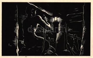 10 db RÉGI használatlan motívumlap Varsányi Pál fametszetsorozatából; bányász / 10 old unused motive...