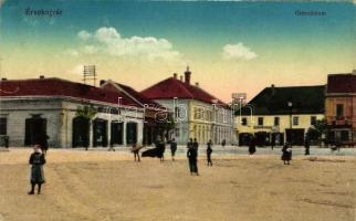 Érsekújvár, Nove Zamky; Kossuth tér, gimnázium, Stern és Heitler üzletei / grammar school, shops (EK)