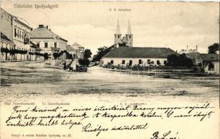 Ipolyság, Fő tér, katolikus plébánia, templom, régi és új takarékpénztár; kiadja Kanyó A. utóda / main square, catholic church, bank