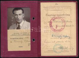 1947 Bp., Magyar Orvosok Szabad Szakszervezete által kiállított fényképes tagsági igazolvány, tagdíjbélyegekkel