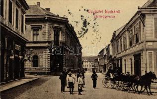 Nyitra, Vármegye utca, Steiner Ignácz áruháza, gyógyszertár; Schwarz A. kiadása / street view, shop, pharmacy (EK)