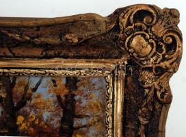 Mesterházy Dénes (?-?): Ősz az ártéri erdőben, olaj, vászon, díszes antik keretben, 32,5×48,5 cm