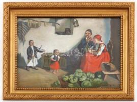 Galgóczy Endre (?-?): Este családi körben, olaj, vászon, üvegezett díszes fa keretben, 32,5×43,5 cm