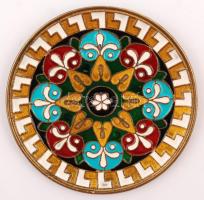 2 db dekoratív rekeszzománc fém tálka, az egyik fából készült tartóval különböző méretben + díszes r...