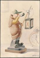 Káldor jelzéssel: Alabárddal, kürttel, bányászlámpával. Akvarell, papír, jelzett, 16x24 cm