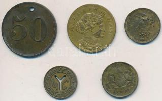 5db klf magyar és külföldi Cu zseton, bárca, közte "Kaufman Jacab", "B.SZ.K.R.T (Buda...