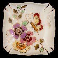 Zsolnay pillangómintás porcelán ékszertartó, kézzel festett, hibátlan, jelzett, 8x8x4,5 cm