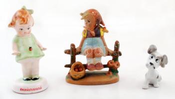 Kerítésen ülő kislány, kisméretű kerámia szobor, kézzel festett, jelzés nélkül, kis lekopásokkal, m: 12,5 cm + 2 db figurális porcelán: katicabogárral találkozó kislány, kézzel festett, jelzett, "Hajdúszoboszló" felirattal, apró kopásnyomokkal, m: 12,5 cm; levehető fejű porcelán kiskutya, kézzel festett, jelzett, kis kopásnyomokkal, m: 6,5 cm