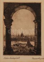 Conrad Gyula (1877-1959): Halászbástyáról. Rézkarc, jelzett, paszpartuban, üvegezett keretben, 21x15cm