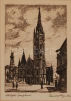 Conrad Gyula (1877-1959): Mátyás templom. Rézkarc, jelzett, paszpartuban, üvegezett keretben, 21x15cm