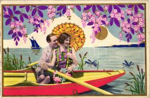 Romantic couple in a boat, floral, golden decoration, Amag 0378.