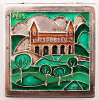 Ezüstözött fém szelence, "Pécs" feliratú zománcozott fedéllel, 7×7×1,5 cm