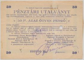 Kaposvár 1945. 50P pénztári utalvány tinta aláírással, lyukasztással érvénytelenítve T:III ragasztott Adamo KAP-2.2.1
