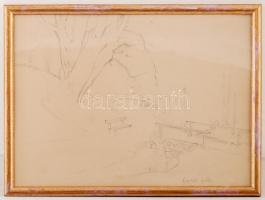 Gyenes jelzéssel: Ösvény a patakon át, ceruza, papír, üvegezett fa keretben, 25,5×33,5 cm