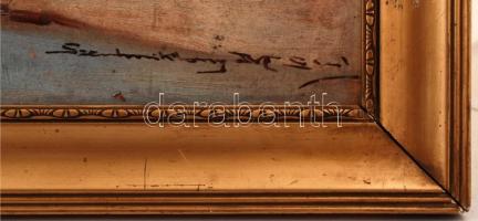 Olvashatatlan jelzéssel: Falusi életkép a folyóparton, olaj, karton, fa keretben, 52×65,5 cm