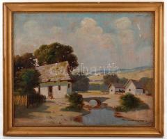 Olvashatatlan jelzéssel: Falusi életkép a folyóparton, olaj, karton, fa keretben, 52×65,5 cm