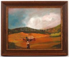 Jelzés nélkül: Szekér a doboldalon. Olaj, farost, keretben, 27×34 cm