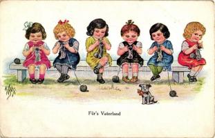 Fürs Vaterland / Knitting girls, propaganda, A.R. & C.i.B. No. 707., artist signed (EB)