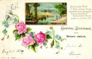 1898 Neujahr / New Year, floral greeting card, litho