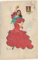 Flamenco dancer, Sevilla, silk embroidered postcard by Elsi Gumier (Rb)