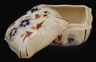 Zsolnay búzavirág mintás ékszeres dobozka, kézzel festett, jelzett, hibátlan, kopott, 7×6 cm