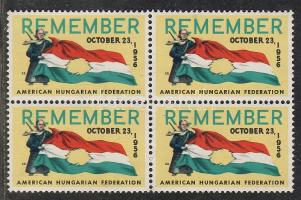 Amerikai kiadású levélzáró négyestömbben Az 1956-os forradalom emlékére "REMEMBER OCTOBER 23. 1956"