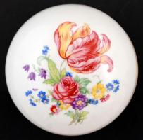 Zsolnay virágmintás bonbonier kis csészével, matricás, kopásnyomokkal, jelzett, d: 10 cm, m: 7 cm