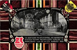 1909 Karlovy Vary, Karlsbad; XXI. Deutscher Philatelistentag und XIII. Bundestag Deutsch-Österr. Philatelisten Vereine / Germand and Austrian stam day, coat of arms, 20 Heller Ga. (EK)