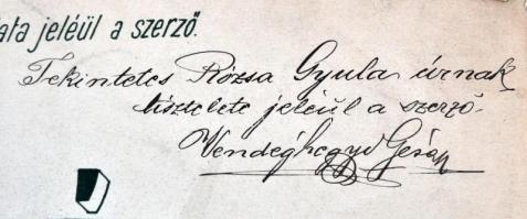 cca 1896 Kotta a zeneszerző, Vendéghegyi Géza saját kézzel írt ajánlásával az Operaház pénztárnokána...