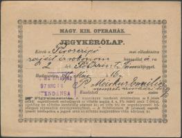 Párdányné Márkus Emília (1860-1949) színésznő jegykérőlap az Operaházba rokonok részére a művésznő saját kezű írásával