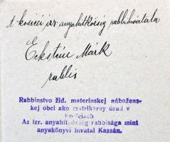 1922 Eckstein Márk kassai rabbi saját kézzel írt jegyzőkönyve / Autograph written document of the ra...