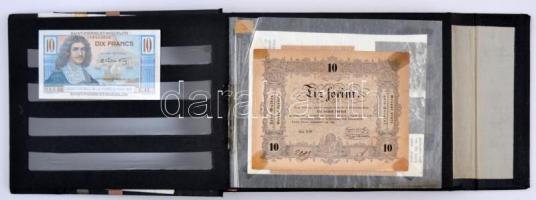 Vegyes: 25db klf magyar és külföldi bankjegy albumban, több beragasztva, közte 1848. 10Ft "Koss...