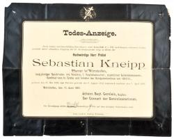 1897 Sebastian Kneipp (1821-1897) híres természetgyógyász halotti értesítője, kissé megviselt állapotban, nyomtatványként elküldve / 1897 Death certificate of Sebastian Kneipp, renown naturopath. Weary