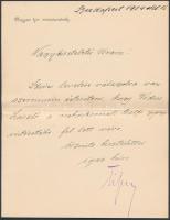 1904 gróf Tisza István miniszterelnök  saját kezűleg aláírt levele Szél Kálmán szalontai esperesnek....