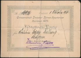 Stage workers association card of actress Eddy Delling with her autograph signature. Damaged, 1911 Eddy Delling osztrák opera-énekesnő színházi dolgozó szakszervezeti tagsági kártyája, saját kézzel aláírva. Megviselt.