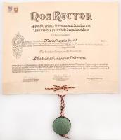 1960 Szegedi egyetem gyógyszerész diploma Rákosi címeres függő viasz bullával, papír, szép állapotban