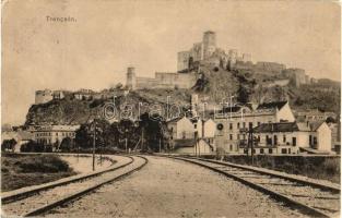 Trencsén, vár, vasúti sín, Nemar József és Ripka Arisztid üzlete; kiadja Gansep Lipót / castle, railway, shop