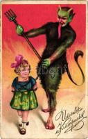 Krampus and girl, litho (fa)