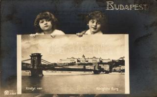 Budapest, Lánchíd a Királyi várral; műtermi gyermekfotós keret (EK)