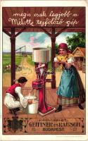 Mélotte tejfölöző gép reklám, képviselet: Geittner és Rausch, Budapest / milk skimming machine advertisement, Hungarian folklore, litho (EK)