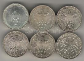 Modern NSZK tétel 10DM Ag emlékpénzek (6x) beváltható nominál T:1,1/2