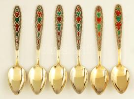 Aranyozott Ezüst mokkás kanál, rekeszzománccal díszített, orosz fémjelzett,   Ag.,nettó: 90gr., 6db, 11cm/ Gilded Silver Coffee Spoon, Russian hallmarked, Ag, brutto: 90g, 6 pz., 11cm.