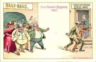 1901 Anti-Alkohol Congress, vegetarisches Speise-Haus, Druck und Verlag Senefelder / Anti-alcoholism, humour, litho