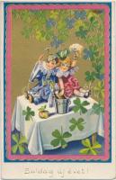 New Year, clowns, clovers, Italian art postcard, Degami 3074.