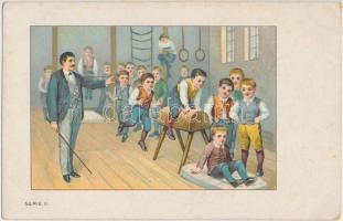 Nestlé-féle gyermekliszt; bakugrás / children's flour, advertisement on backside, children at gym class, leap frog, Serie II. litho (kis szakadás / small tear)