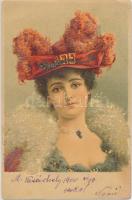 Lady with hat, decorated litho (fa)