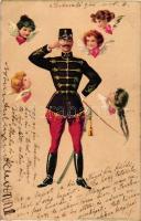 Hungarian hussar, lady heads with wings and hearts, bizarre, Kosmos 197. litho, Huszár, hölgy fejek szárnnyal és szívvel, Kosmos 197. litho