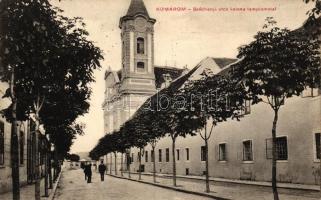 Komárom, Széchenyi utca a katona templommal / street, soldier's church